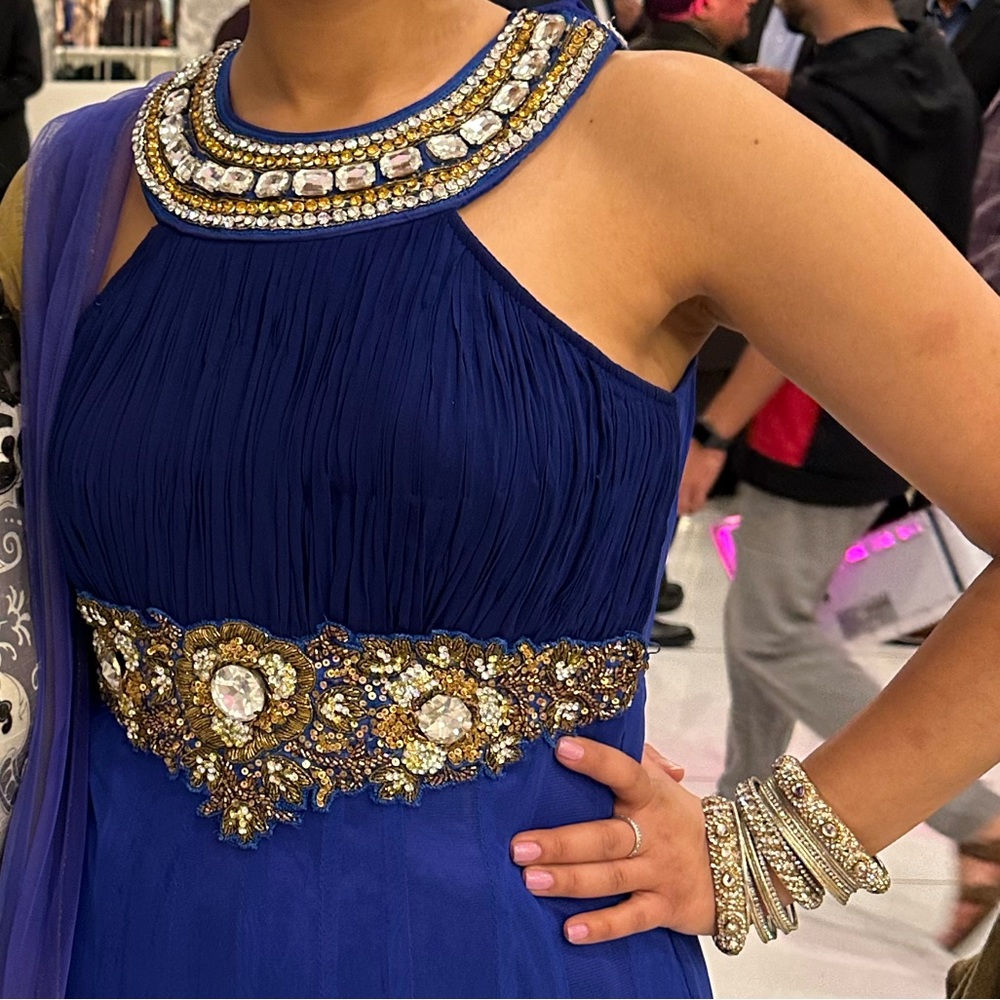 Royal blue A line cut salwar khameez with chooridar pants and matching dupatta
